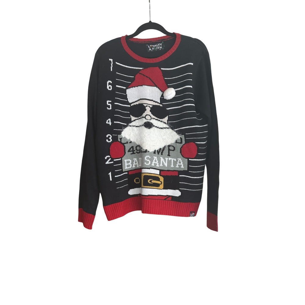Bad Santa Ugly Christmas Sweater Mug Shot 3D Beard Pompom Graphic Mens Sz L Xmas
